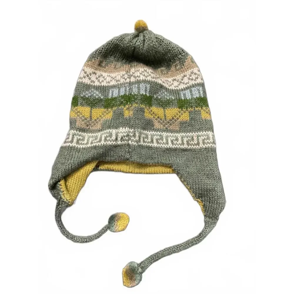 Reversible Knitted Winter Hat with Earflaps and Pom Poms